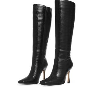 Elegant Black Croc-Embossed Knee-High Boots